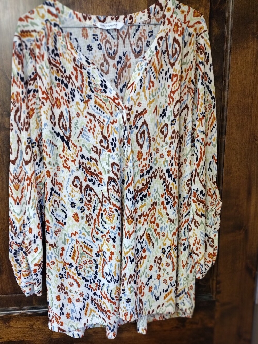 Lightweight V-Neck Blouse in Multi Rust and Navy - Casual Women's Top